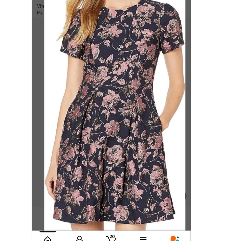 Vince Camuto Jacquard fit and flare Dress Size 10 Navy Pink Floral Short